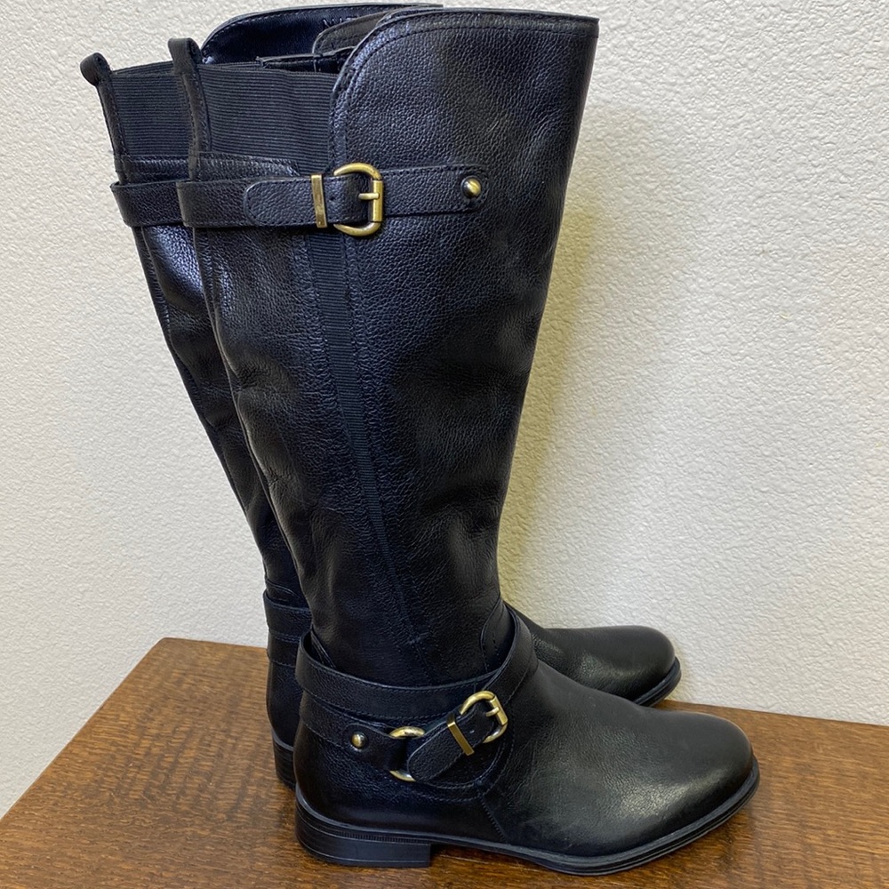 Naturalizer June Knee High Leather Riding Boot Round Toe Buckle Strap Black 6.5